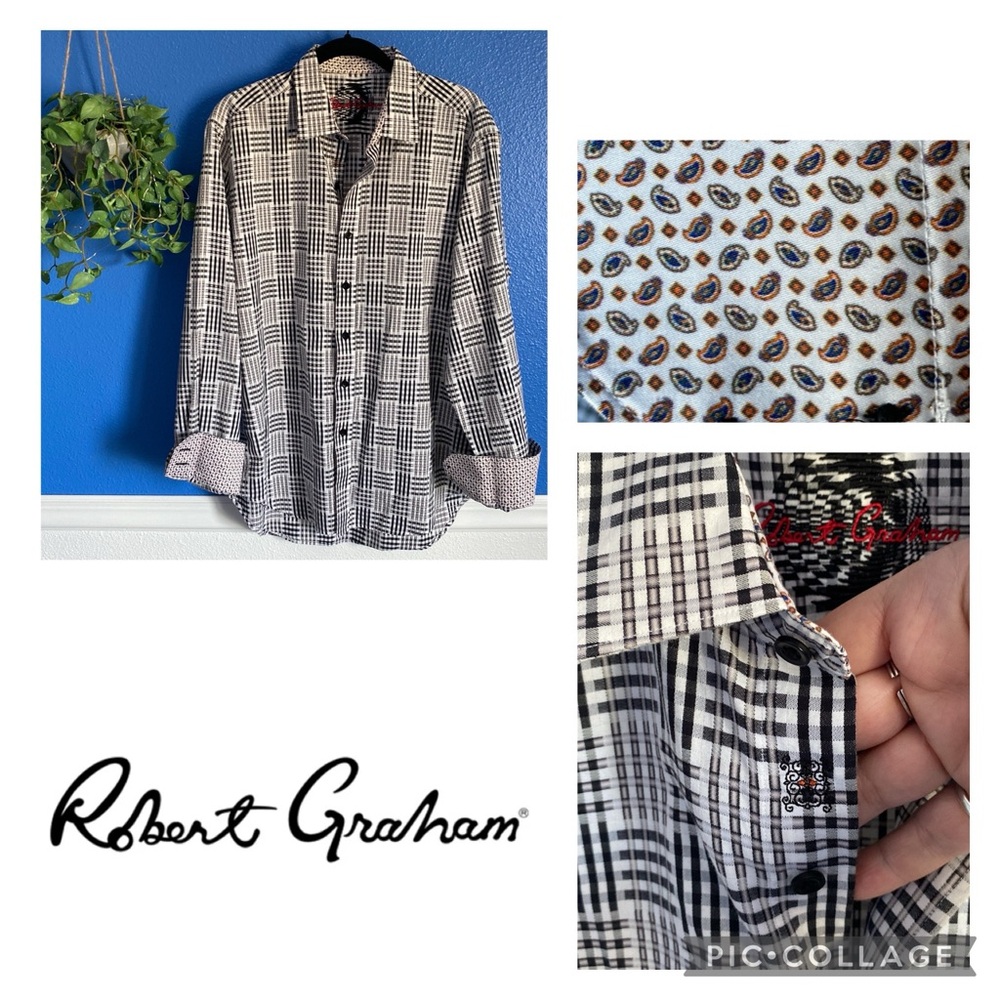 Robert Graham Button Down Long Sleeve Shirt. Black, White, Beige Pattern. Size M